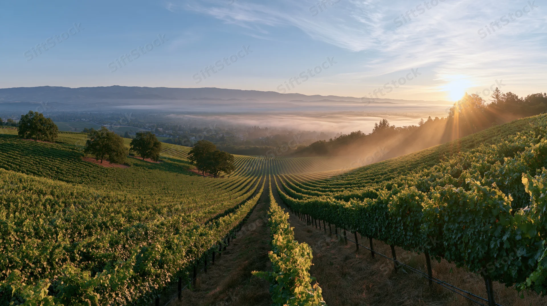 Rows of grapevines stretching across gently sloping hills at sunrise