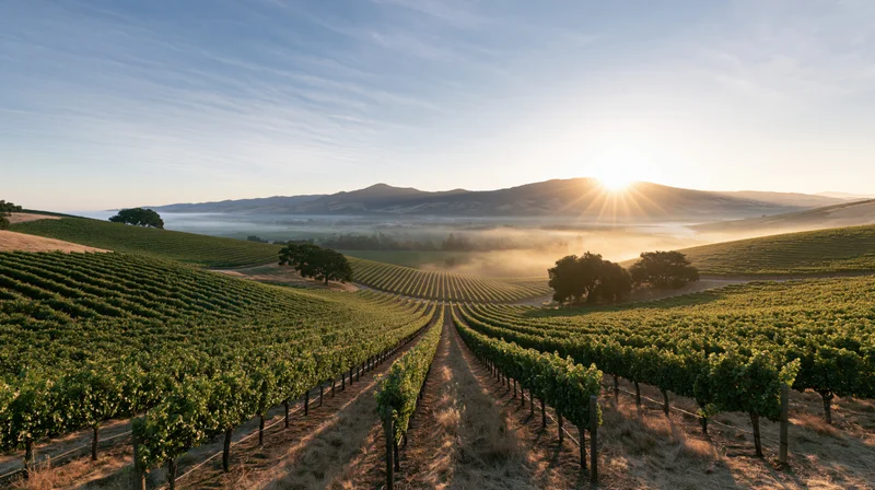 Rows of grapevines stretching across rolling hills at sunrise