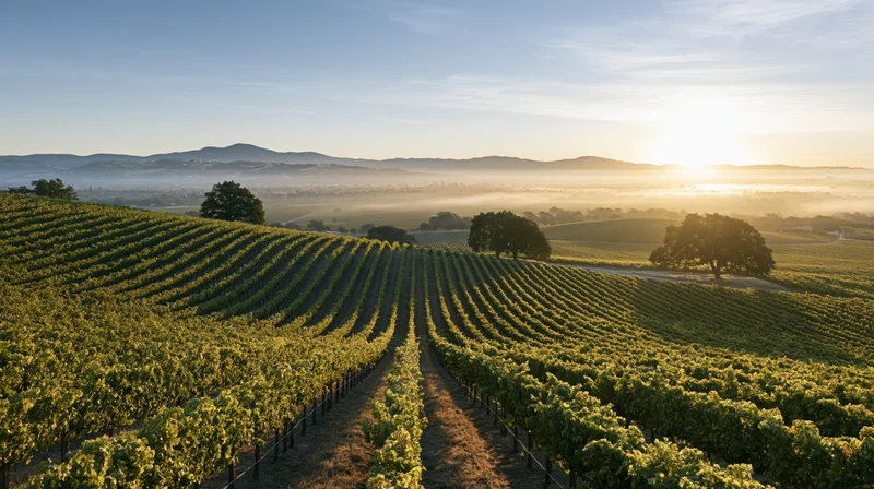 Rows of grapevines stretching across rolling hills at sunrise with mist in the valley