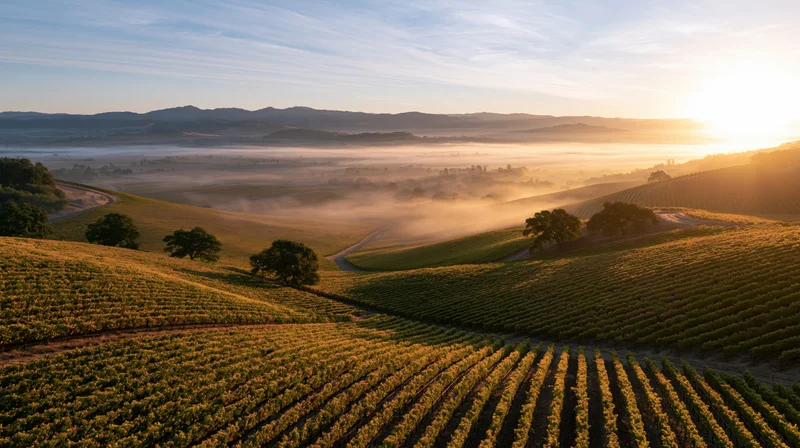 Rolling vineyard rows stretching across gently sloping hills at sunrise with fog in the valley