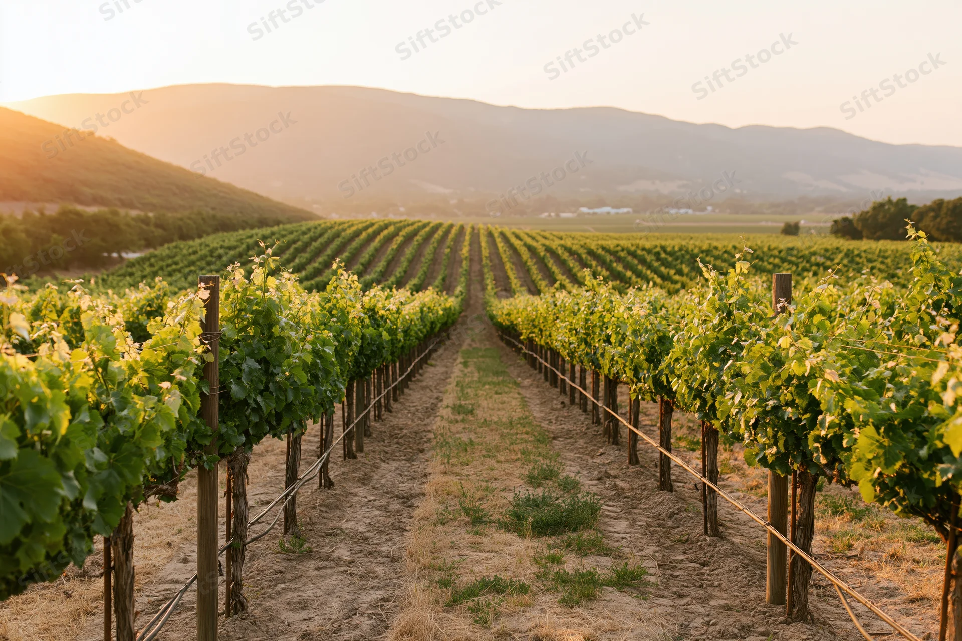 Rows of grapevines stretching across gently sloping hills at sunset