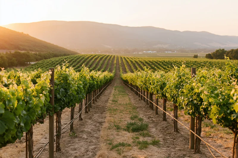 Rows of grapevines stretching across gently sloping hills at sunset