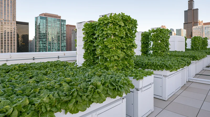 Hydroponic lettuce growing in white modular containers on a rooftop with city skyline in background