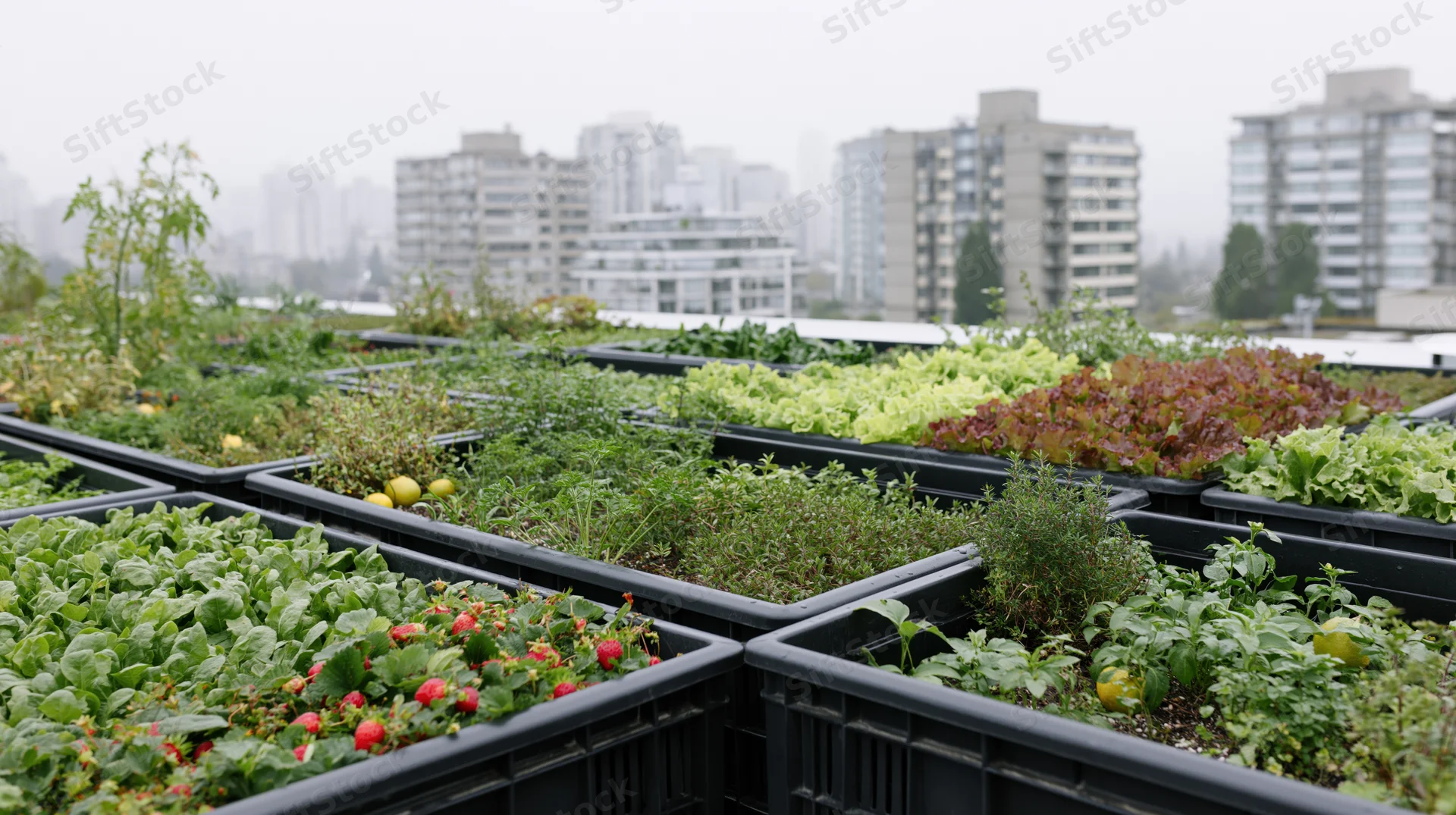 Rooftop garden with black plastic planter trays growing vegetables and herbs in city setting