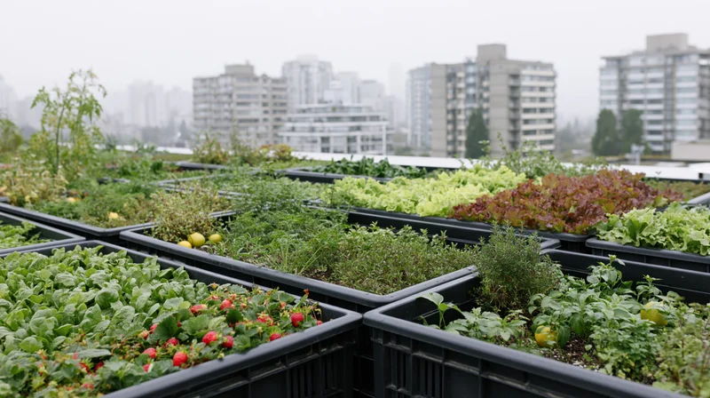 Rooftop garden with black plastic planter trays growing vegetables and herbs in city setting