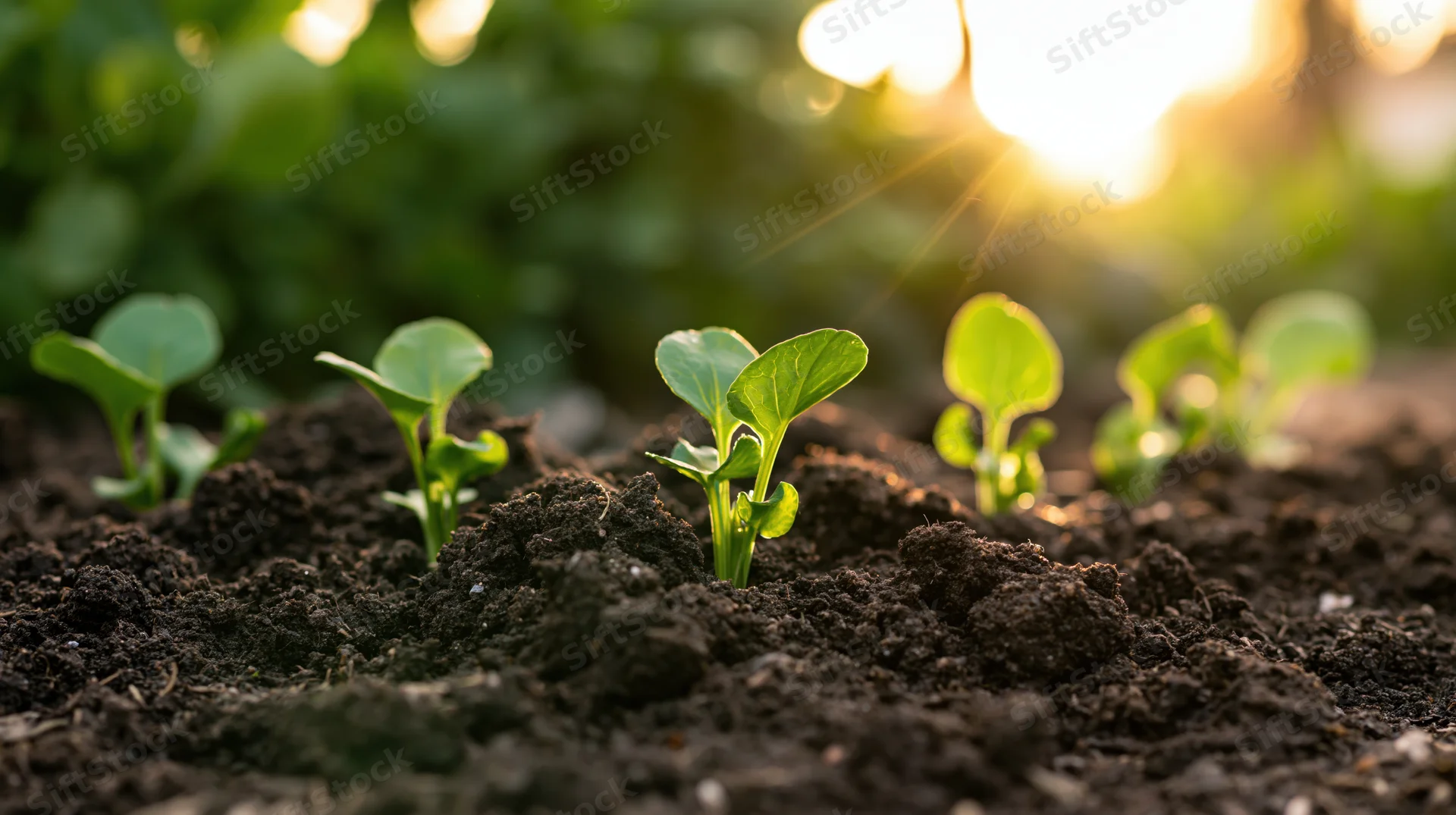 Small green seedlings emerging from dark moist soil in a garden at sunrise