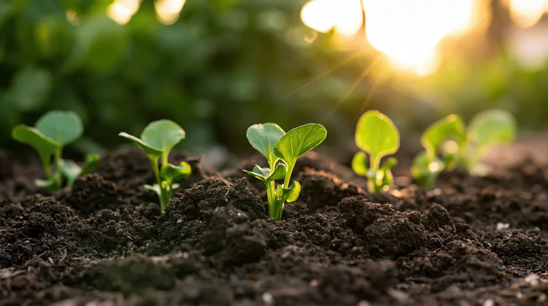 Small green seedlings emerging from dark moist soil in a garden at sunrise