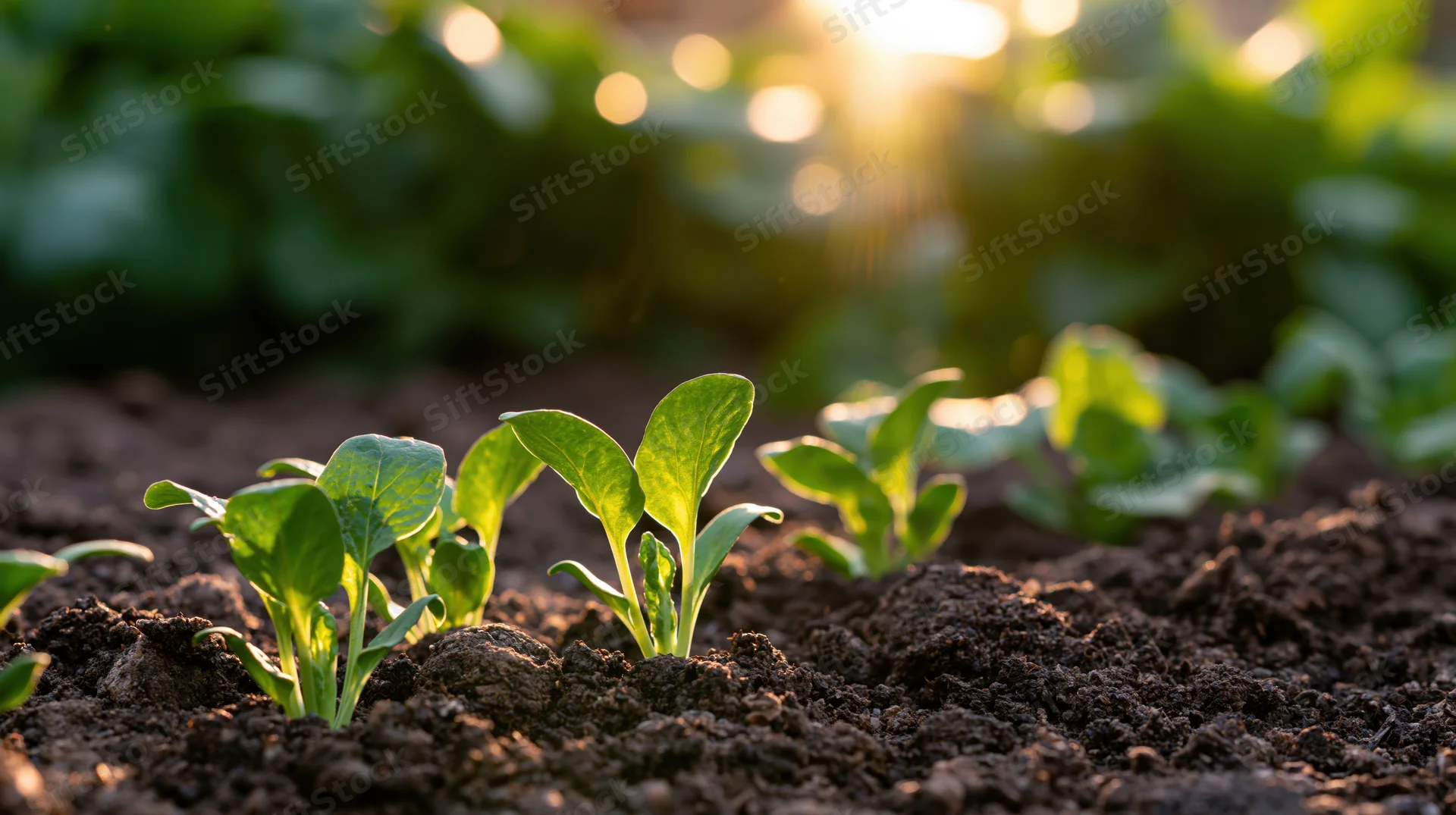 Small green seedlings emerging from dark moist soil in a garden at sunrise
