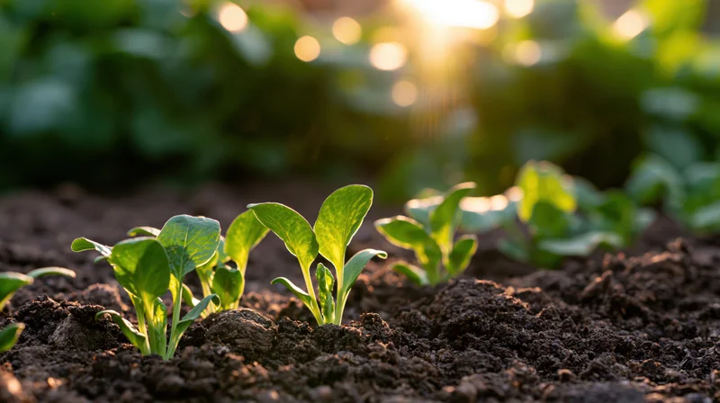 Small green seedlings emerging from dark moist soil in a garden at sunrise