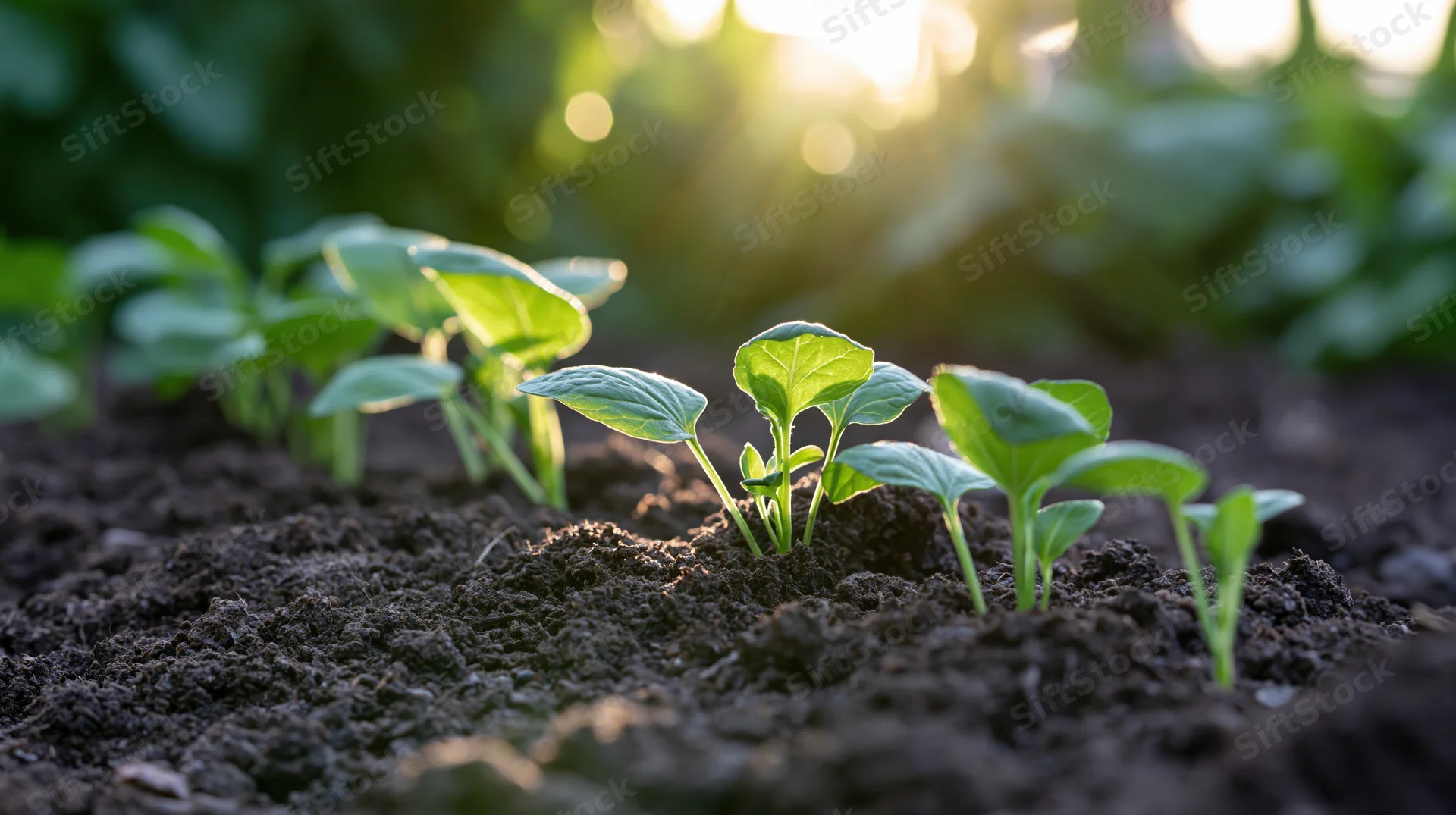 Row of green seedlings emerging from dark moist soil in a garden at dawn