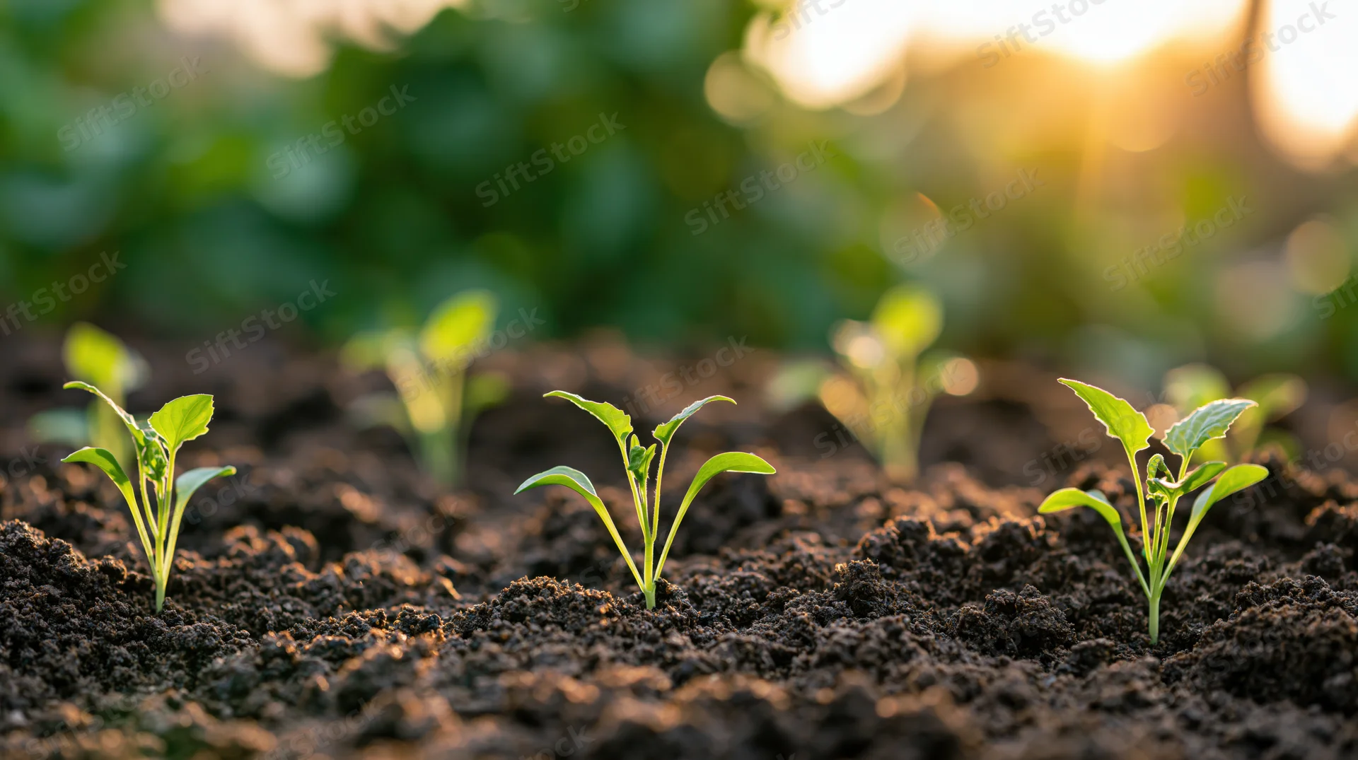Small green seedlings emerging from dark moist soil in a garden at sunrise