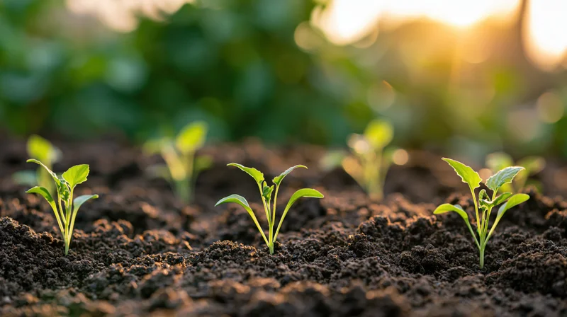 Small green seedlings emerging from dark moist soil in a garden at sunrise