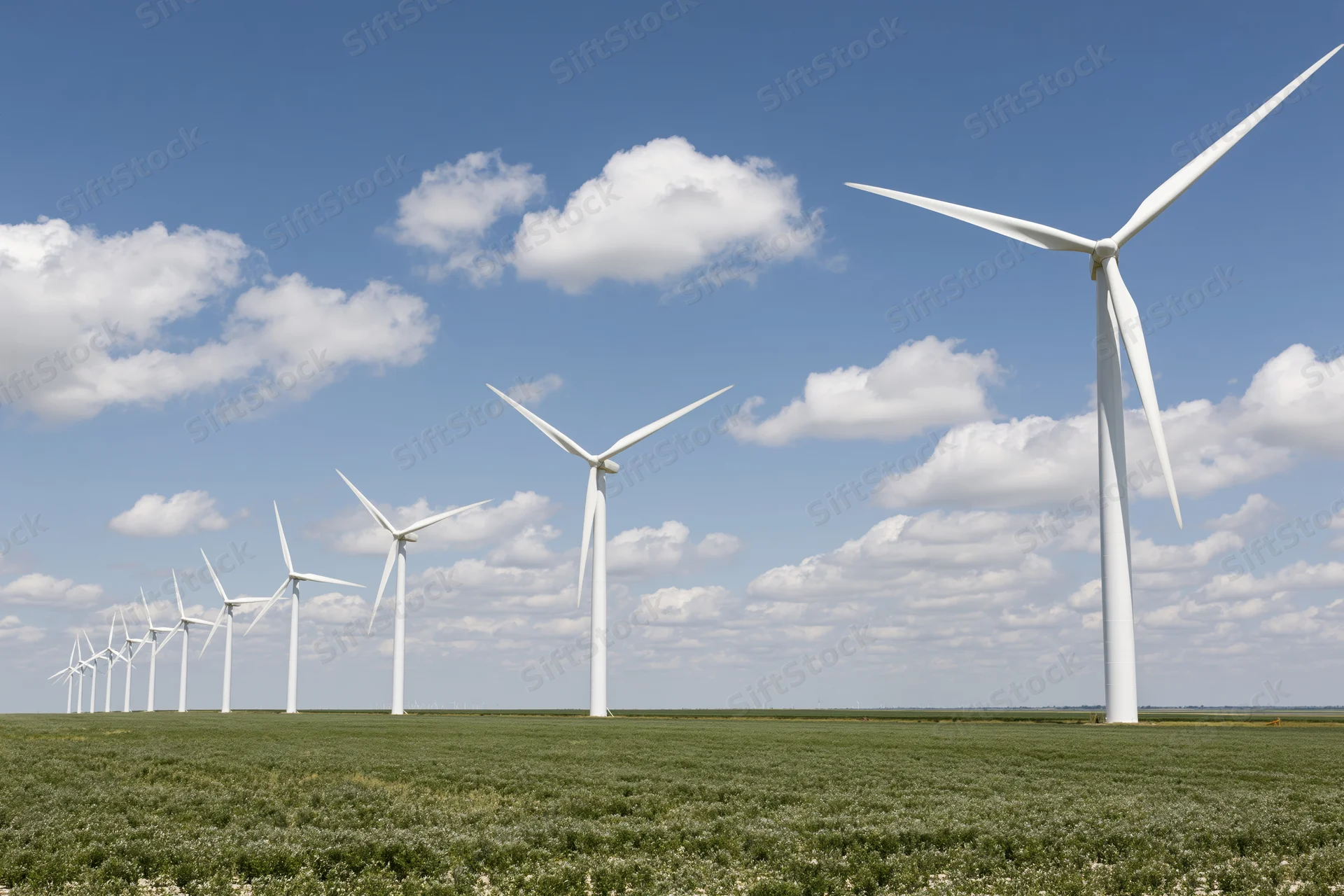 Row of white wind turbines receding in perspective across a green field under a blue sky with scattered clouds