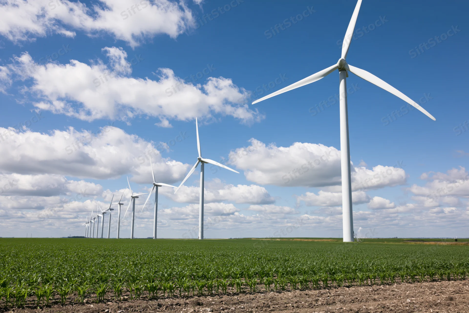 Row of white wind turbines receding into the distance across a green cornfield under a blue sky with scattered clouds