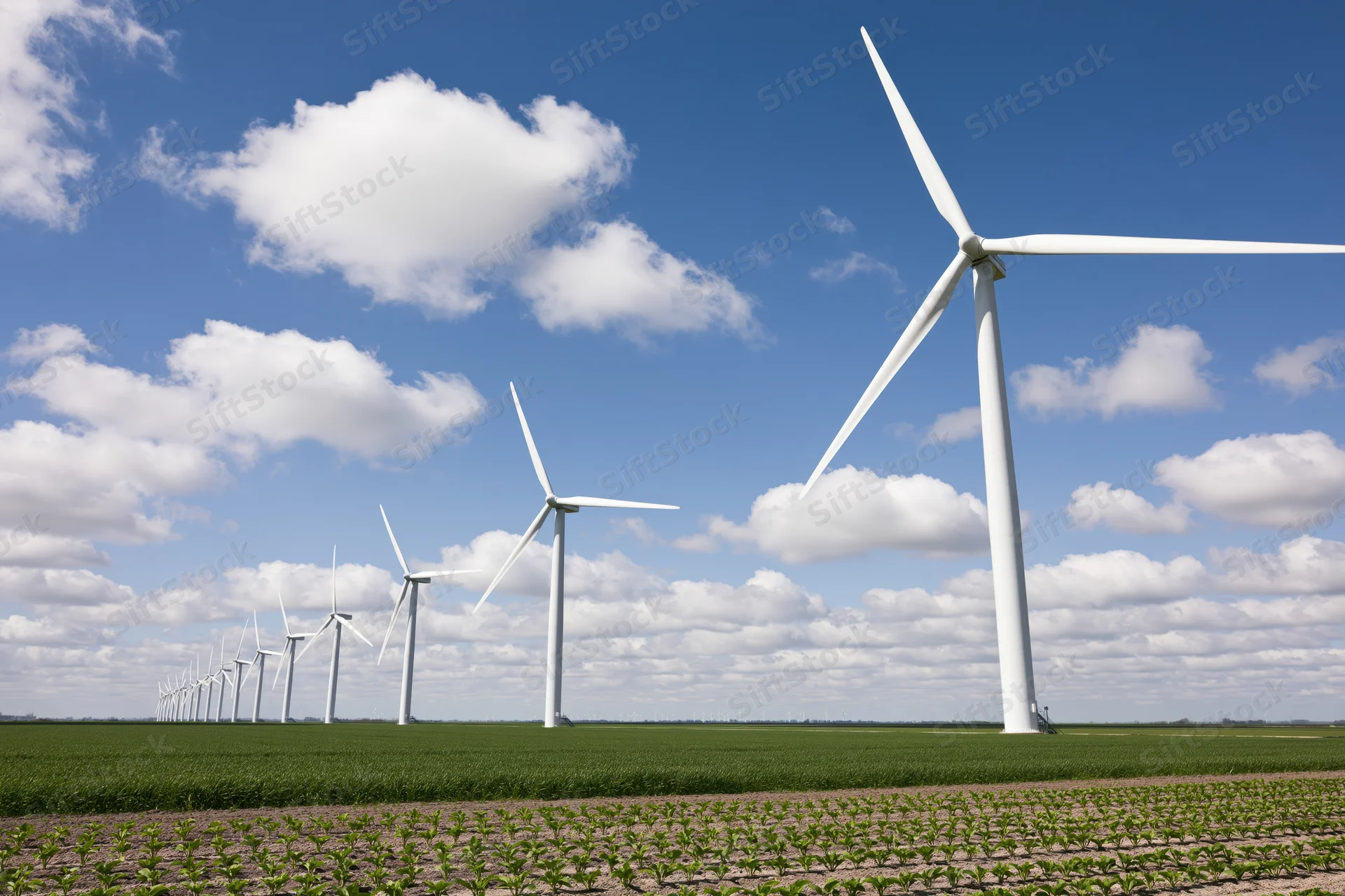 Row of white wind turbines receding into the distance across a green agricultural field under a blue sky with scattered clouds