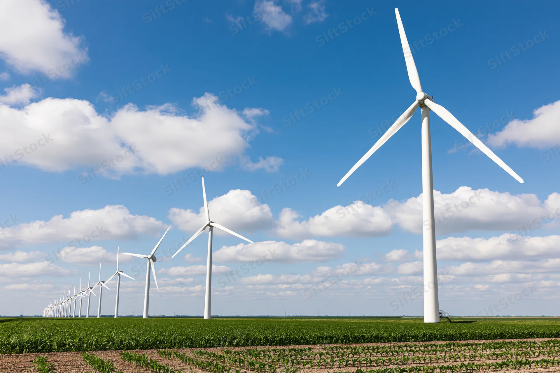 Row of white wind turbines receding into the distance across a green cornfield under a blue sky with scattered clouds
