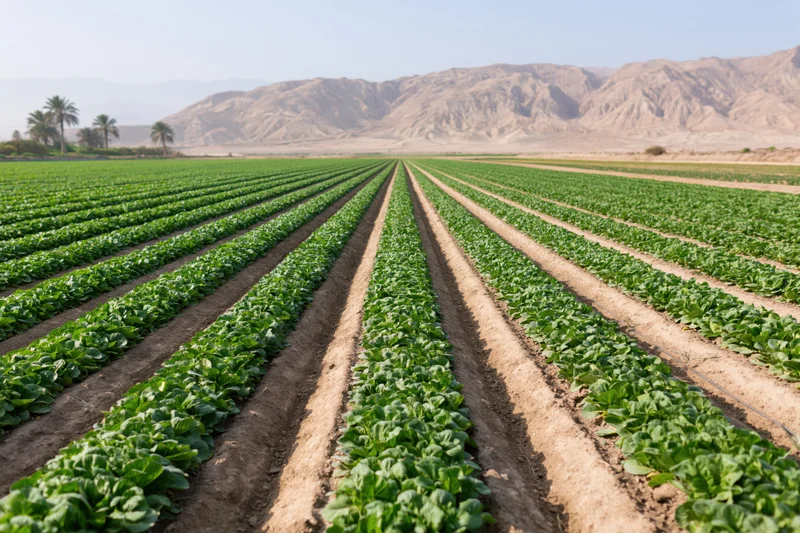 Rows of green lettuce crops growing in neat lines across a farm field with mountains in the background