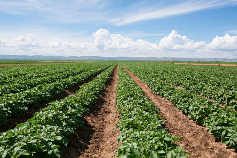 Rows of green potato plants growing in a field under a blue sky with clouds