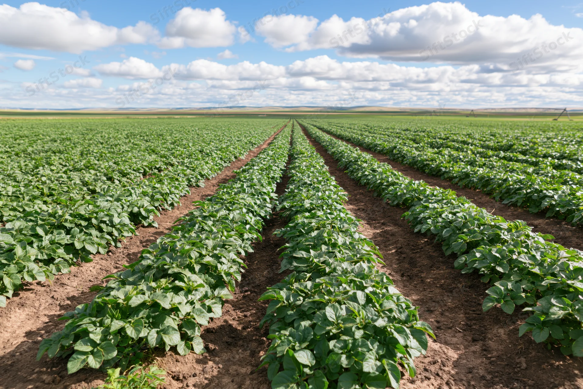 Rows of green potato plants growing in a field under a blue sky with clouds