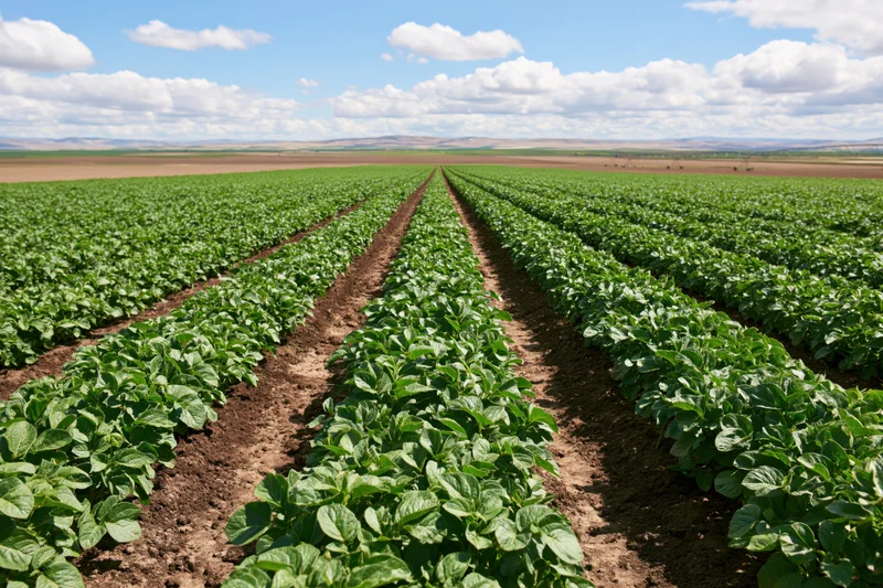 Rows of green potato plants growing in neat lines across a vast open field under a blue sky with scattered clouds