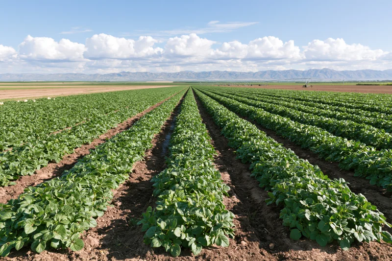Rows of green potato plants growing in a field under a blue sky with clouds and distant mountains
