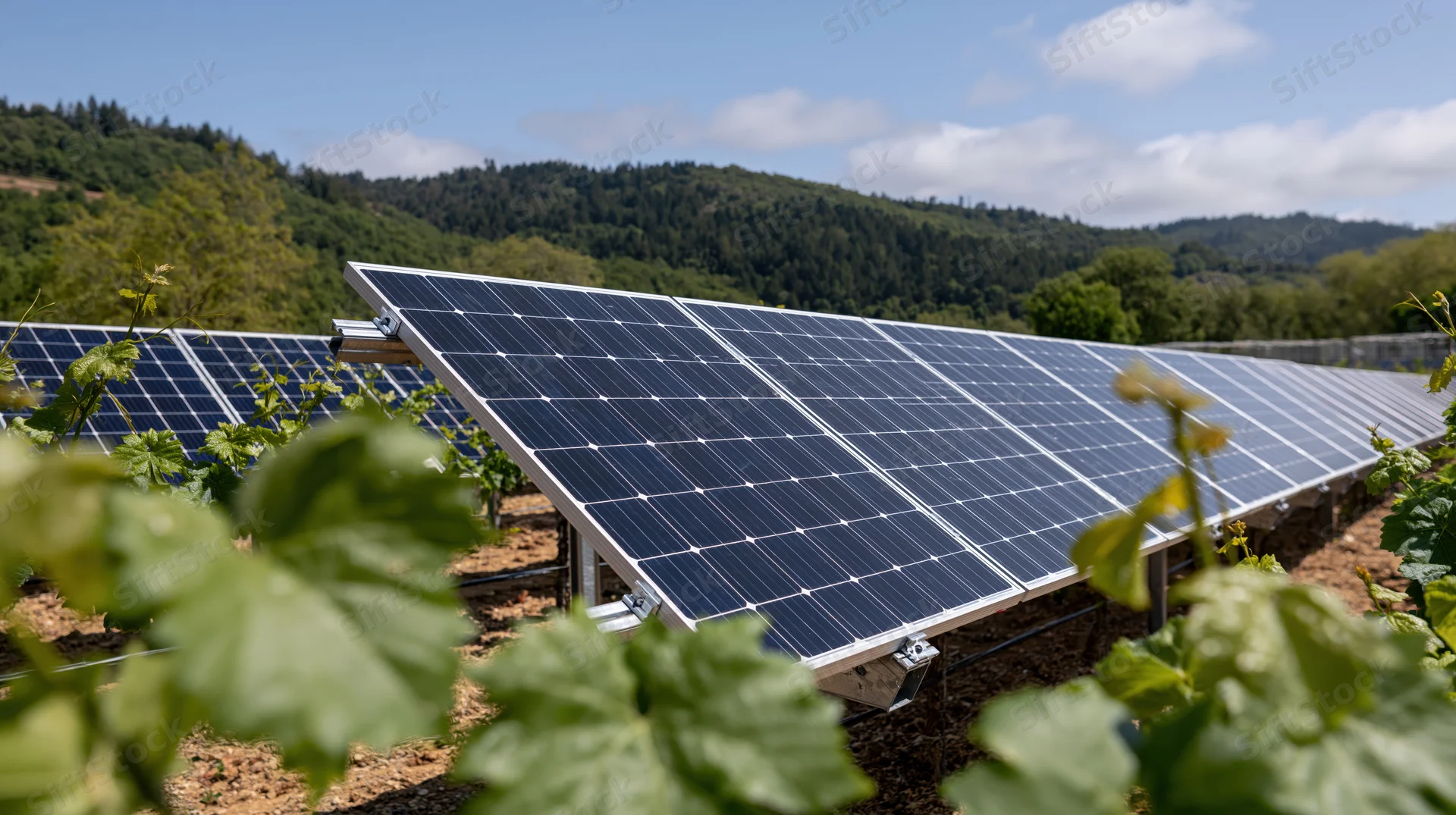 Solar panels installed in a vineyard field with grapevines in the foreground and hills in the background