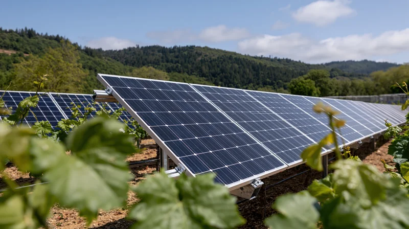 Solar panels installed in a vineyard field with grapevines in the foreground and hills in the background