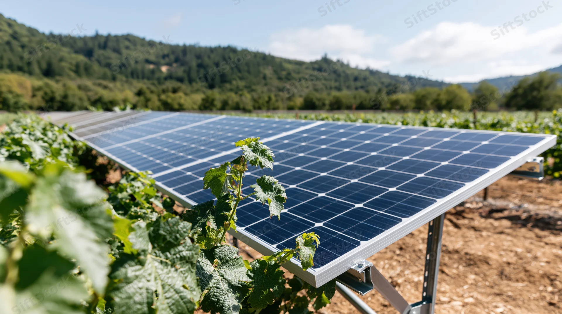 Solar panels installed between grapevines in a vineyard field
