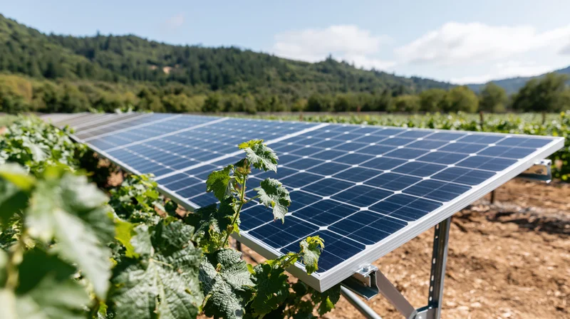 Solar panels installed between grapevines in a vineyard field