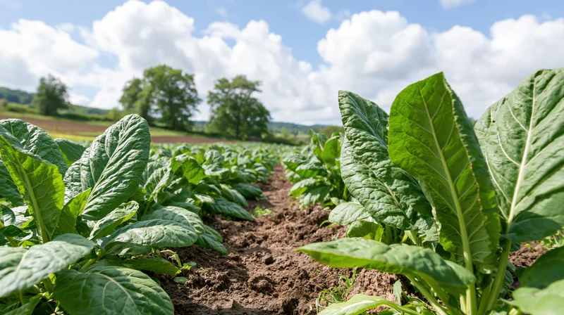 Rows of leafy green vegetable crops growing in a field under a blue sky with clouds