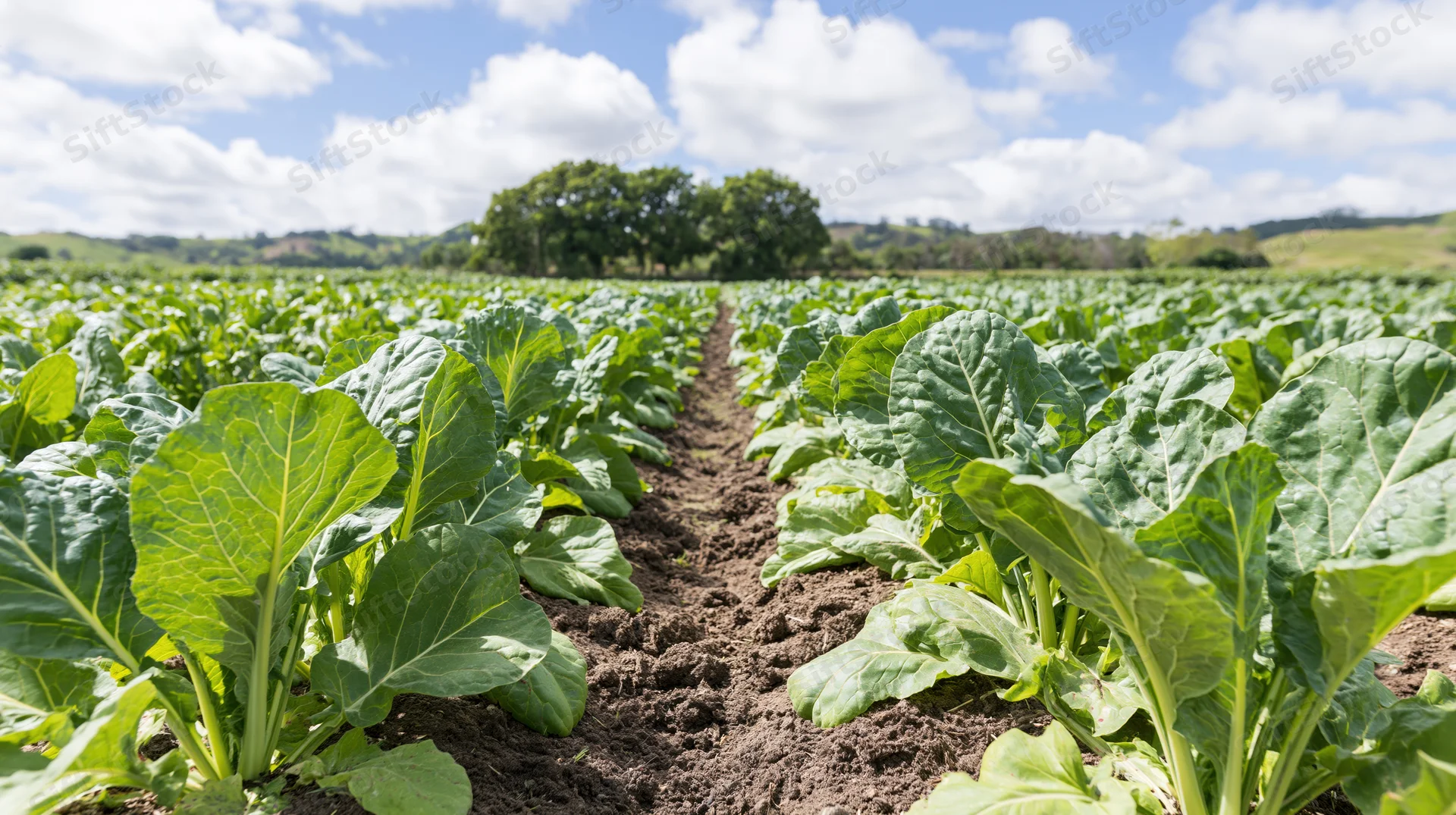Rows of leafy green vegetable crops growing in a field under a blue sky with clouds