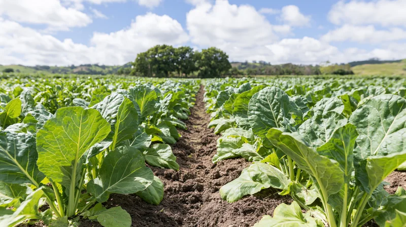 Rows of leafy green vegetable crops growing in a field under a blue sky with clouds