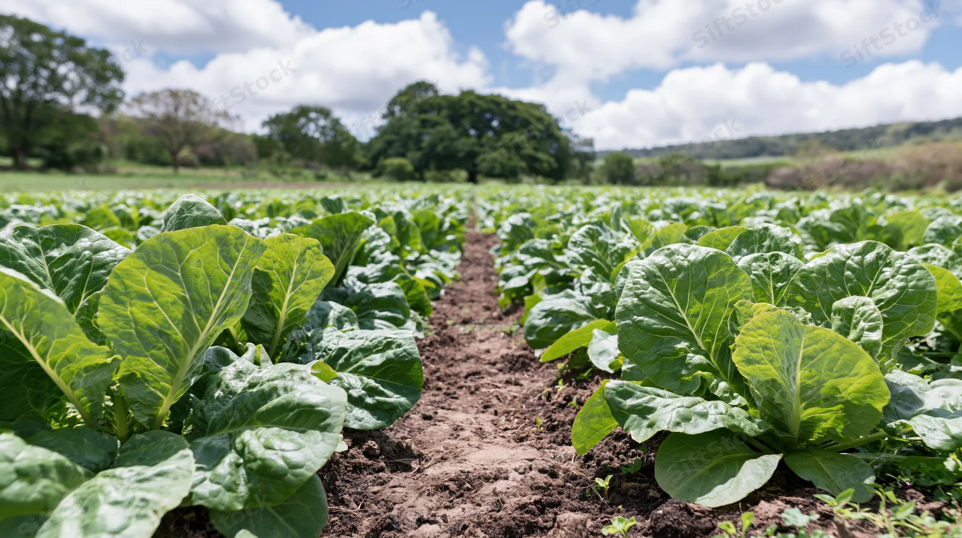 Rows of leafy green cabbage plants growing in parallel lines across a farm field under a partly cloudy sky