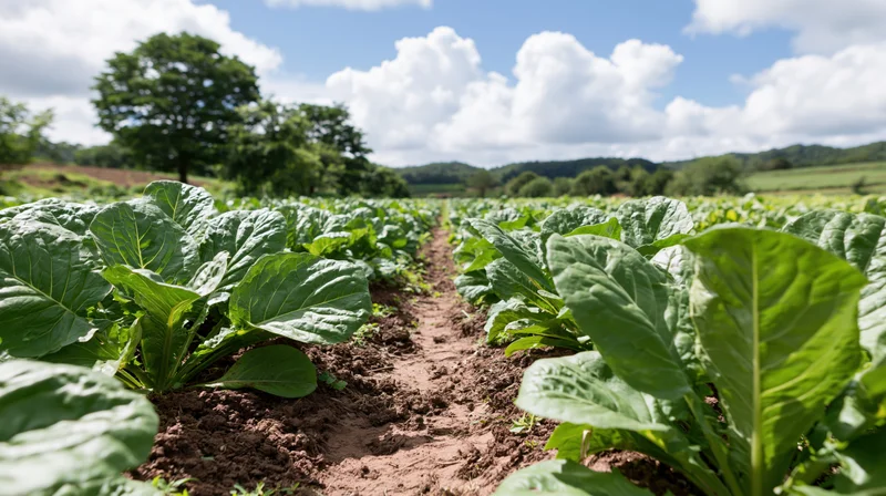 Rows of leafy green vegetable crops growing in a farm field under a blue sky with clouds