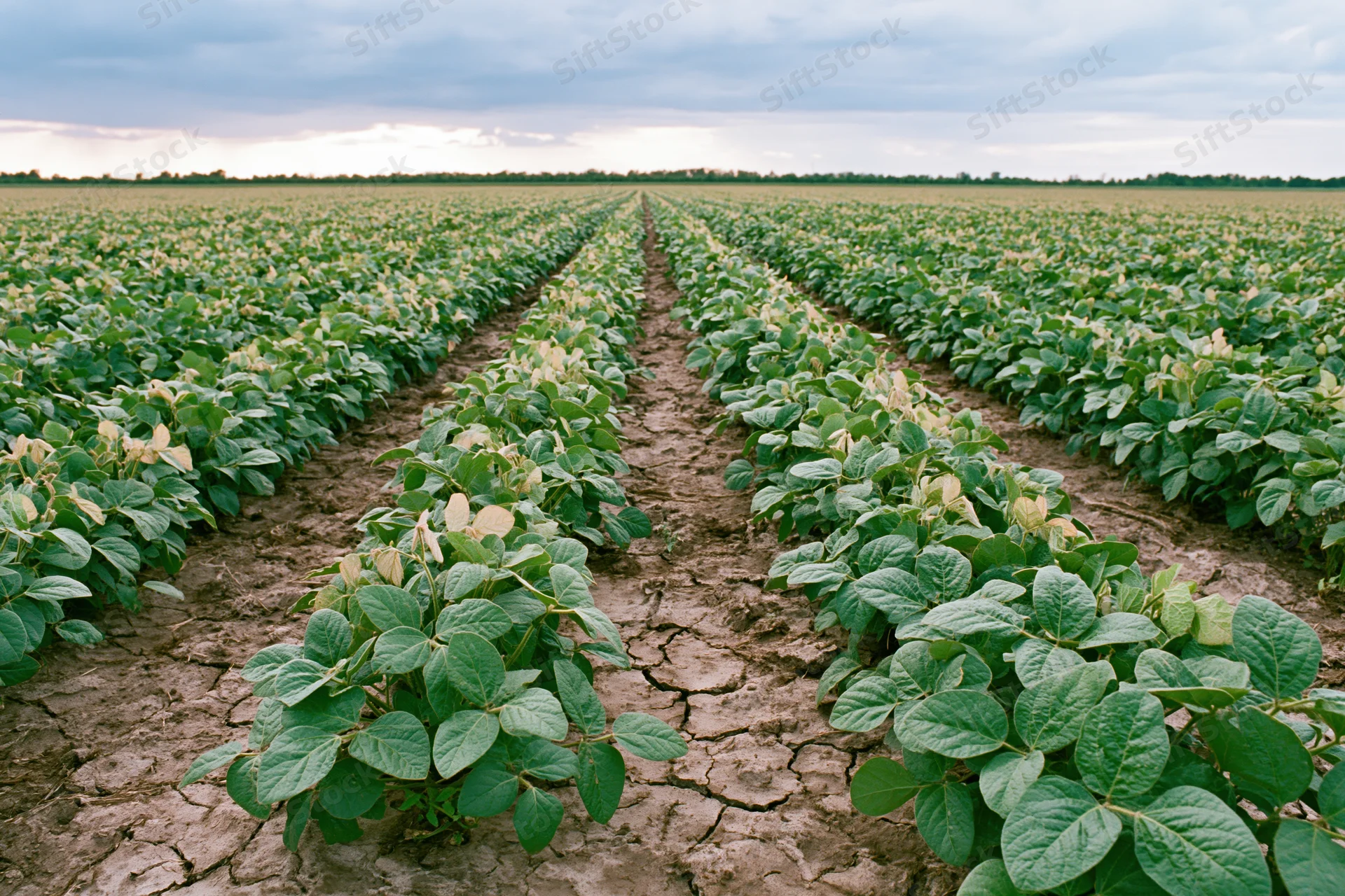 Rows of soybean plants growing in a dry cracked soil field under an overcast sky
