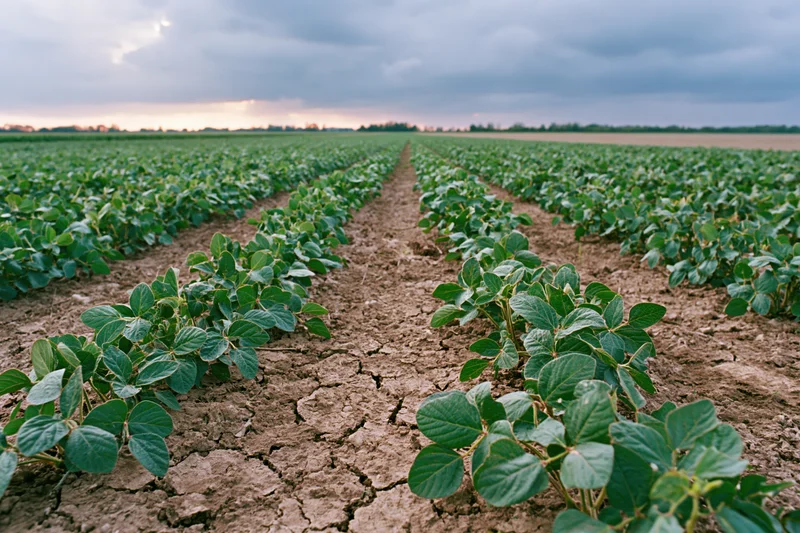 Rows of soybean plants growing in a dry cracked soil field under an overcast sky at dusk