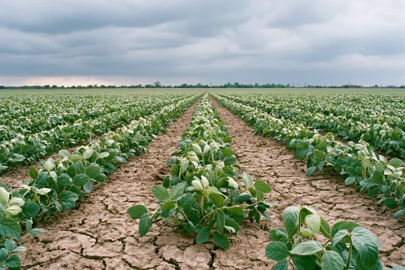Rows of soybean plants growing in a dry cracked soil field under cloudy sky