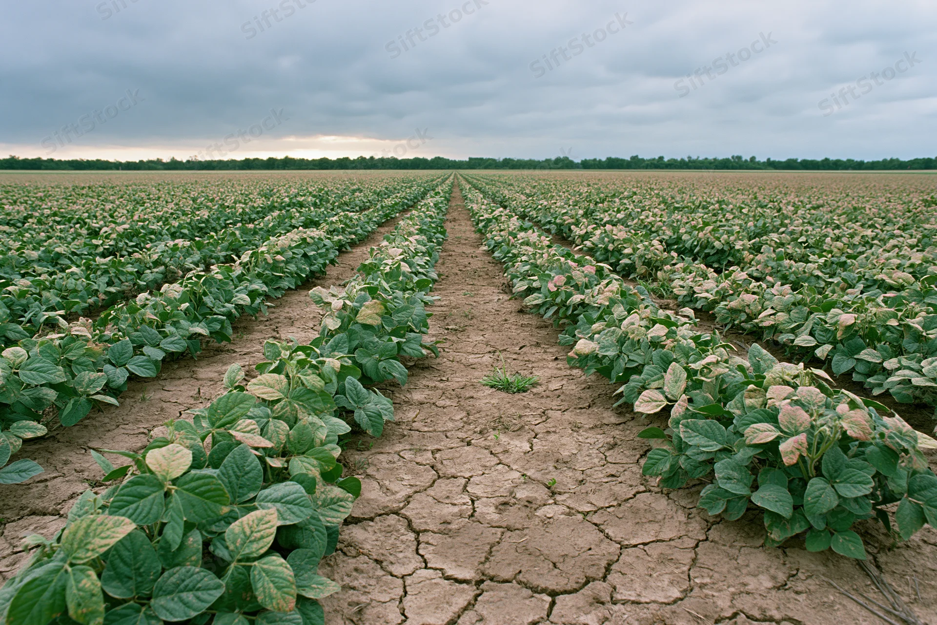 Rows of soybean plants growing in a dry cracked soil field under an overcast sky