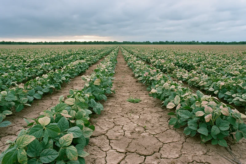 Rows of soybean plants growing in a dry cracked soil field under an overcast sky