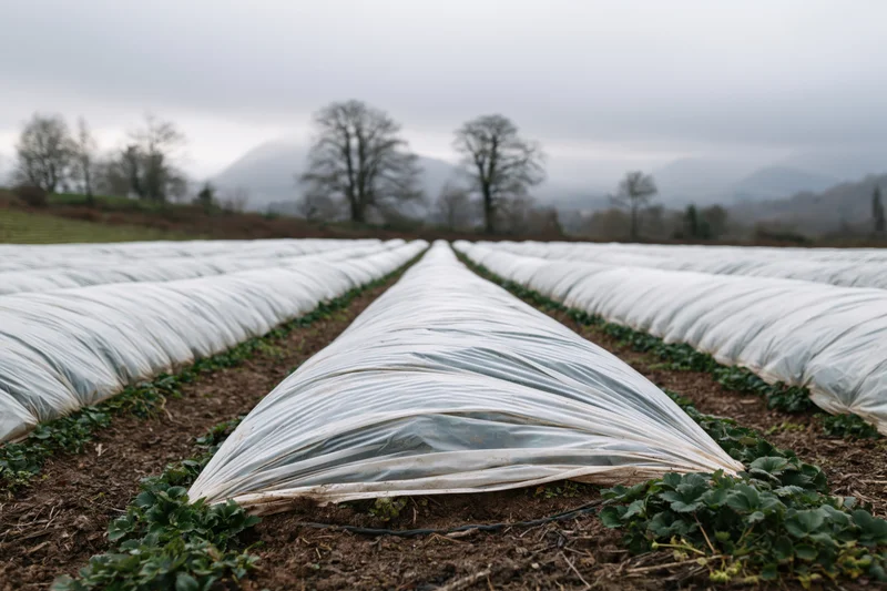 Rows of low plastic polytunnels covering strawberry plants in a field with mountains in the background