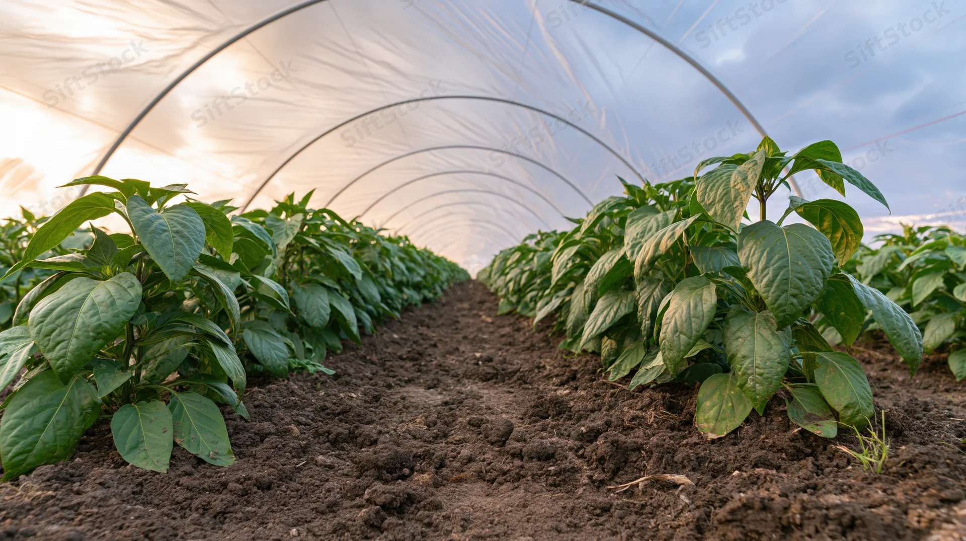 Rows of pepper plants growing in a low plastic tunnel greenhouse
