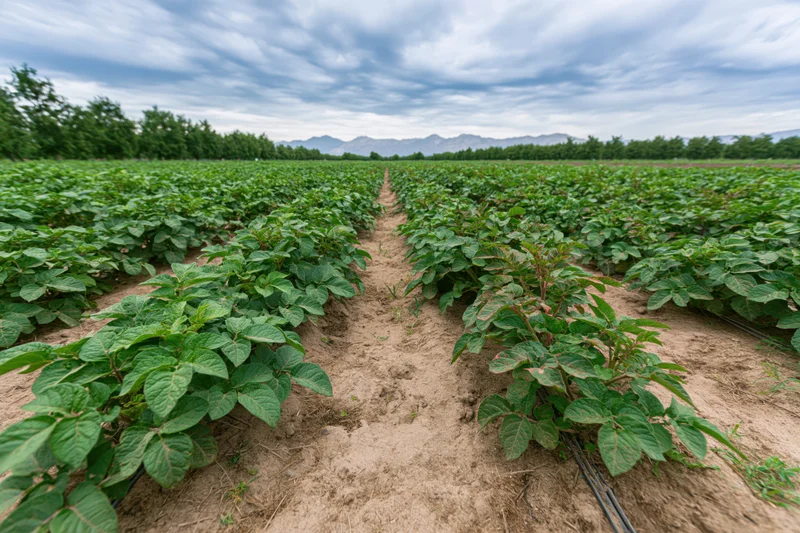 Rows of potato plants growing in a large agricultural field with irrigation system and distant mountains under cloudy sky