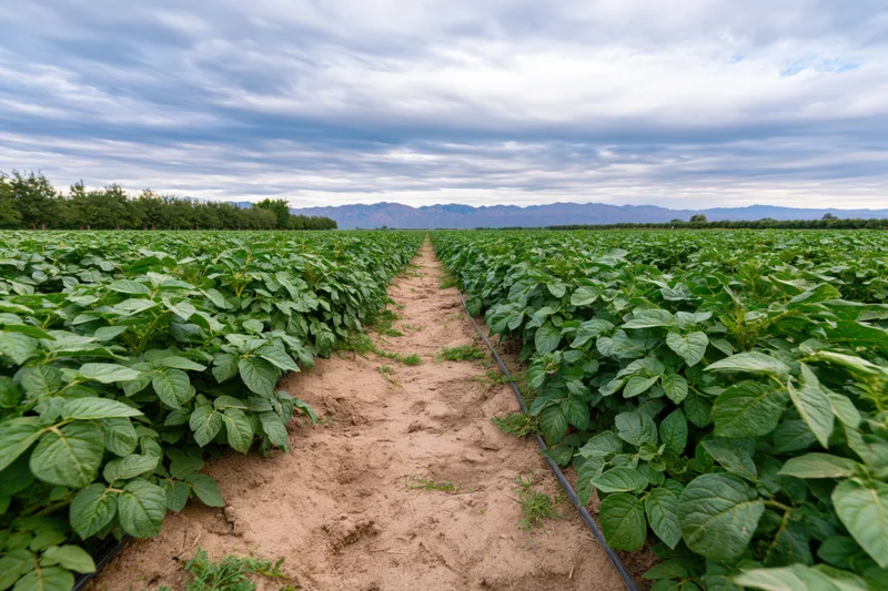Rows of potato plants growing in a large agricultural field with irrigation pipes and distant mountains under a cloudy sky