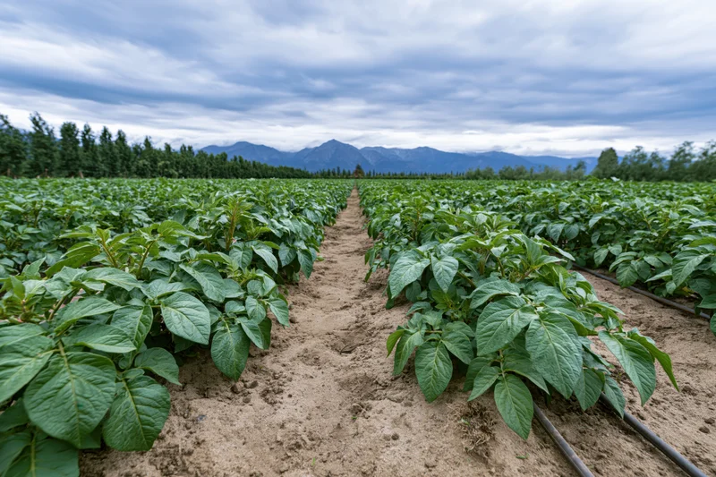 Rows of potato plants growing in a large agricultural field with mountains in the background
