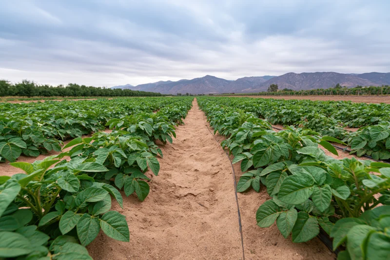 Rows of potato plants growing in a large agricultural field with mountains in the background