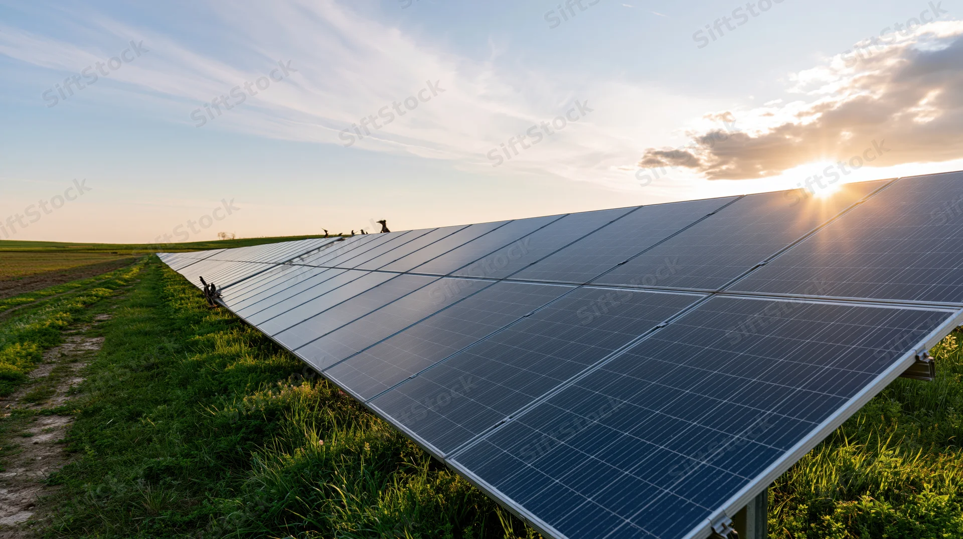 Rows of solar panels installed in a green rural field stretching toward the horizon at sunset
