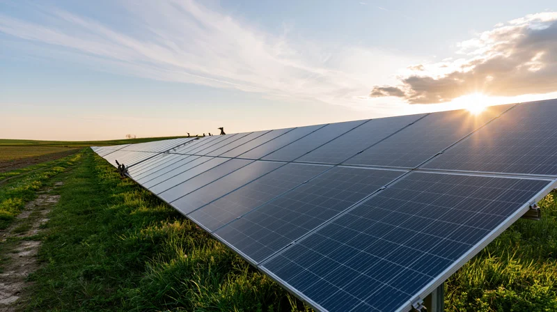 Rows of solar panels installed in a green rural field stretching toward the horizon at sunset