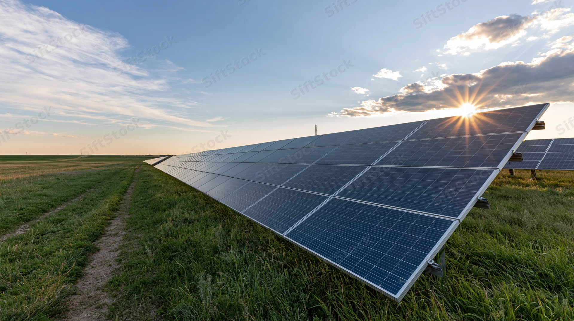 Rows of solar panels installed in a green rural field stretching toward the horizon under a sunset sky