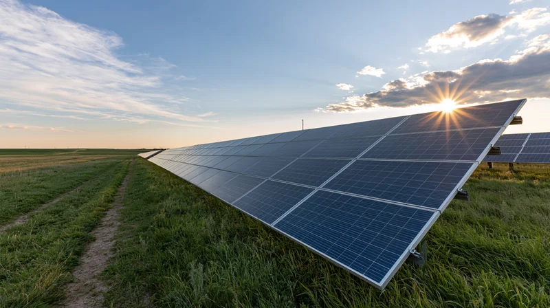 Rows of solar panels installed in a green rural field stretching toward the horizon under a sunset sky