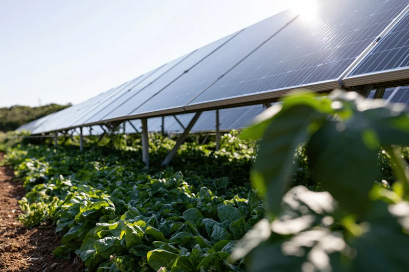 Solar panels mounted on metal frames over rows of leafy green crops in a farm field